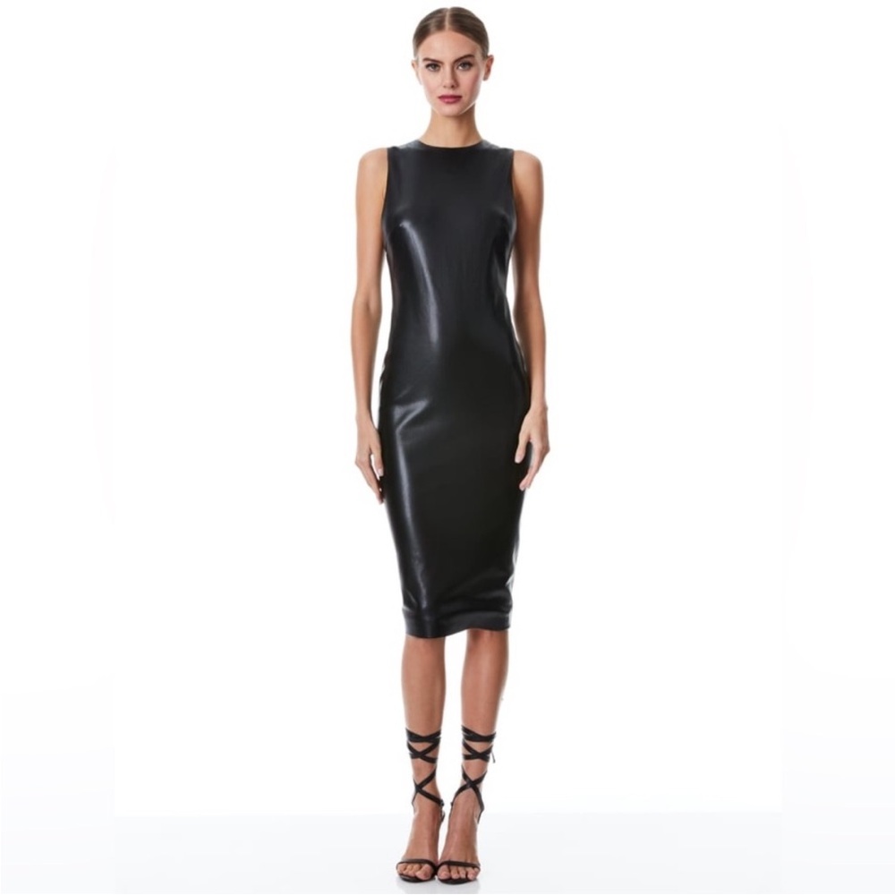 Alice + Olivia Black Sleeveless Faux Leather Midi Dress